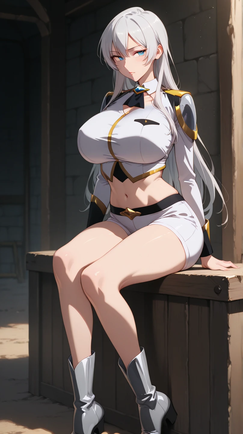 (masterpiece:1.2),Detailed explanation, Awards, high quality, High resolution, HD, 4K,8K,high quality,(professional illustration:1.1),(Chewy breasts,tender breasts:1.3),large breasts,close up face,Thighs focus,(dark skin:1.2),white hair,(loli:1.2),(cape,poncho:1.2 ),Fuzz hair,Flowing hair,shorts,military uniform,(blouse:1.3),