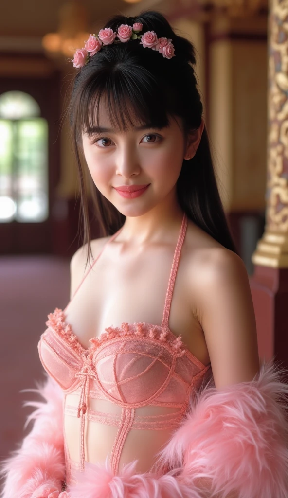 (best quality)), ((masterpiece)), (detailed), (perfect cute face),15 year old Korean girl, wearing a flower crown, blue eyes, ultra huge tits, perfect slim body, full body highlights, wearing a see-through towel, underneath only wearing a pink sanitary napkin, sitting on the palace throne, smiling