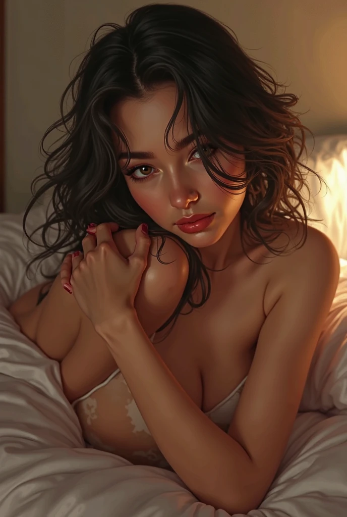 A woman is raped by a man、Woman's hand grabbing man's crotch、Woman tilts her face to man's buttocks、lower to knees,Red blush、A couple、Bed scene、