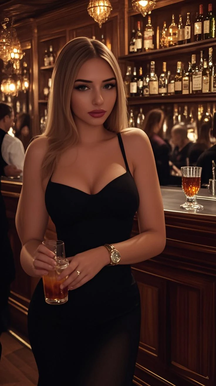 (best quality,Ultra-detailed,Realistic),portrait,(blond:1.1,beau),Femme de 23 ans,(Elegant black dress),(la gastronomie,Restaurant scene),((hyperréalisme:1.1),(belle silhouette:1.1),(gros seins:1.1)),(se maquiller,bijoux)