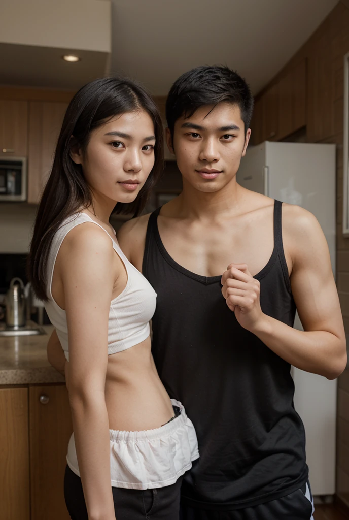 Couple of handsome young man and beautiful Korean woman,Both naked,The air conditioner is being repaired in the living room.