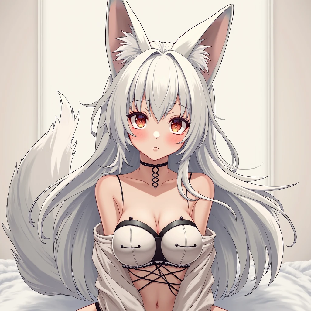 fox Girl, fox&#39;Tail，A girl、 Open chest kimono,Long hair、Gentle、((((Maid Dress Up))))、external、grassland