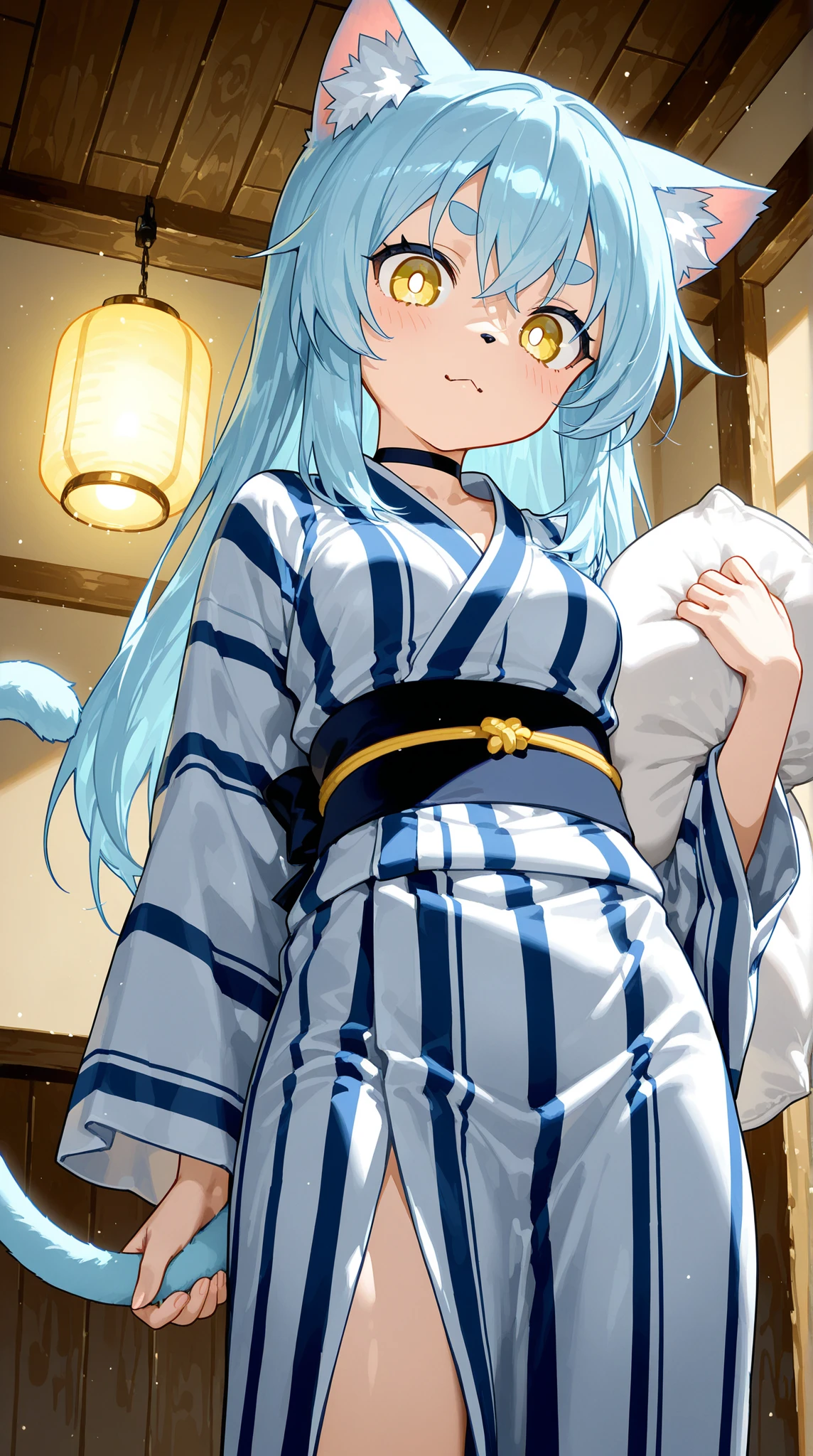 (full_body), 1girl, solo, petite, shigure \(blue archive\), (animal ears), (weasel_ears), low tied hair, light_smile, blush, bath_yukata, yukata, (striped_yukata), (oversized_clothes), loose_clothes, (halo:1.3), cyan_hair, aqua_hair, short_hair, purple_eyes, medium_breasts, closed_mouth, light_smile, naughty_face,(cleavage),sitting, (foot_bath), indoors, (arm_support), night, ((masterpiece)), (highres), (best_quality), (highly_detailed), (original),(Delicate background),(extremely detailed 8K wallpaper),cinematic lighting, volume lighting, light particles, shaded_face, beautiful_detailed_eyes, depth_of_field, perspective,(steaming_body), (arm_support), onsen, window_shade,pregnant
