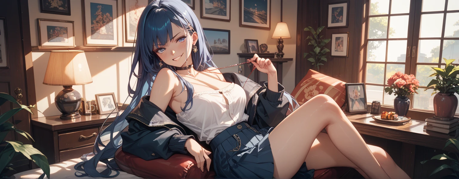 Highest quality, masterpiece, figure, wallpaper,One girl,Black Y-shirt, Light Hair, Beautiful detailed girl, Highly detailed eyes and face, Beautiful attention to detail, Shine,Browsing Caution, View your viewers, Chair, night, Black Pantyhose, Straight hair, Red Eyes, Semi-long hair,beautiful light blue hair, thick_Thighs, Large Breasts, Red eyes,beautiful finger, clear background, deep night, sit、smile、Big earrings、bracelet、Gal、candle、ring