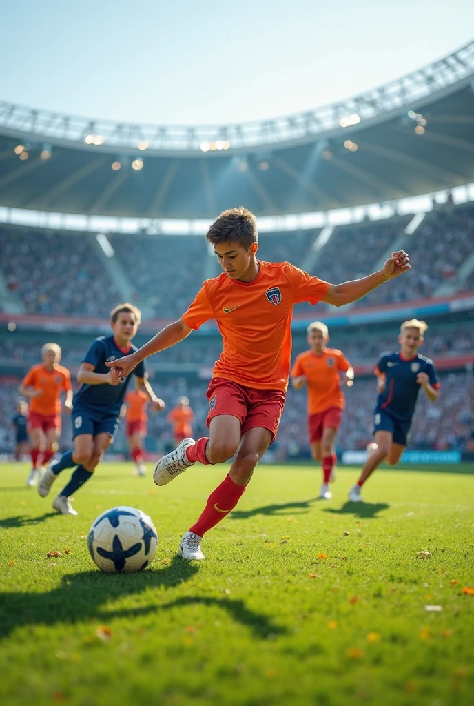 Um filme inspirado na Disney Pixar, um menino de 9 anos, branco, olhos verdes, labios grossos, cabelos castanhos claros curtos, sobrancelhas claras, nariz pequeno, magro, playing football with Palmeiras shirt in a football stadium