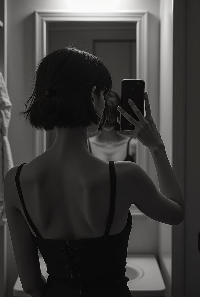 有一位女士正在对着mirror selfie, perfect female body contour, Silhouette, Female figure in the shadows, contourd, contour, contour!!!, beautiful female body contour, detailed contour, woman contour, Standing in front of the mirror, Looking from behind the mirror, mirror selfie, She has her back to us, Backlight