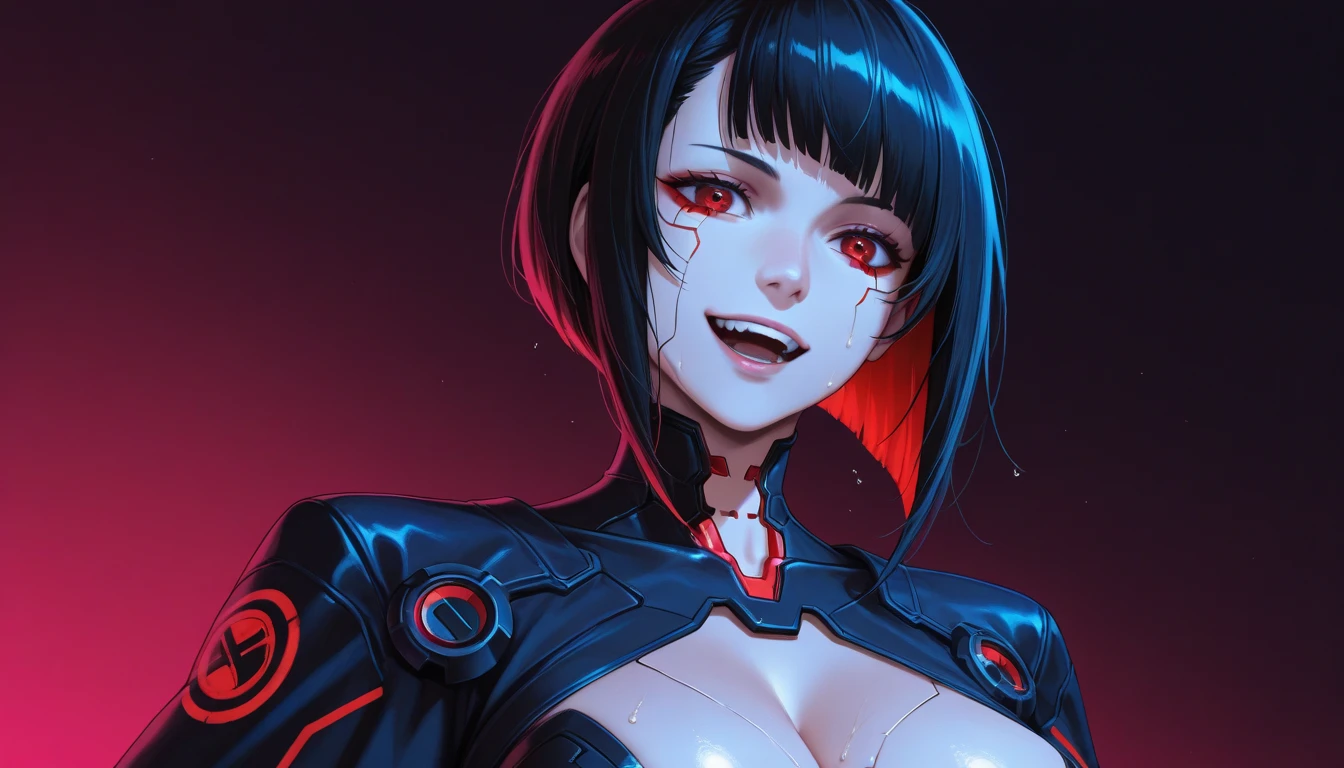 《masterpiece》, 《best quality》, 
《ultra-detailed》, 

1girl, cooi, 'A girl fused with a venom spider', Black hair color, '((long hair))', '(((hair over one eye)))', '((yellow glowing eyes))', '((black metallic exoskeleton))', '((Augmented Cyborg))', '((crazy smile))', '((Laughing like crazy))', '(nurse costume)', '(((crazy nurse)))', '(((lower spider body)))', '(((The lower body is fused with a giant spider)))'

'((black spider thread))', '((black spider web🕸️))', '((venom))'

'(((giant syringe)))', '(((Her arm is a giant Needle)))', '(((Giant poisonous stinger)))', '((she is an anesthesiologist))', '(blood return)'

'((cowboy shot))'
'((gloomy surgery))'

