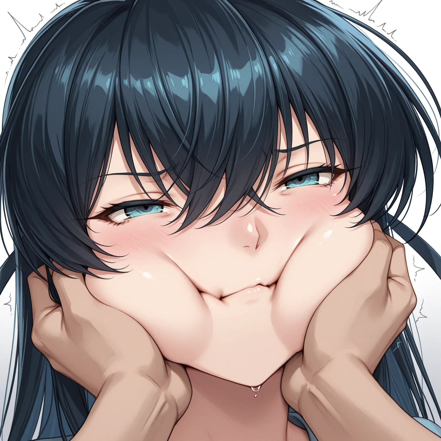 (best quality), (Super detailed), (Best Illustration), (NSFW), ((1 cute girl)), solo, look at viewer, (nude:1.3), ((own hands together)), ((beautiful large breasts)), curvy body, (seductive smile), nose blush, sweat, brown hair, (bob cut), messy hair, curvy hair, hairs between eyes, blue eyes, (white background:1,2)