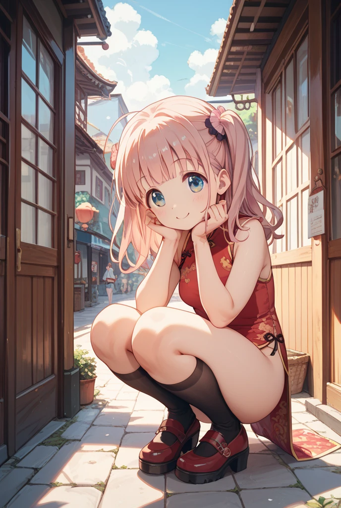 15-year-old girl, ((Cute Summer Clothes))、(Golden hair color、Red inner color hairstyle、Hair expressed with a delicate touch), Beautiful Hair, Facial Contour, Remember, street, splash, Lens flare、sunlight、illumination、Natural Color, High resolution, Very delicate, Very detailed, 8k,(Breast size around B cup)、Shyness,((Sexual)),((Sexy feeling)),Angle of view from the foot