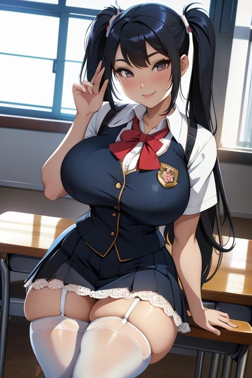 school girl, sexy body, sailor , big breasts, cleavage, big hip, stockings, garter belts, smiling, beautiful face, detailed face, very detailed eyes, long black hair, blue eyes, beautiful eyelashes, (full body), high quality, detailed background, high resolution, red eyeliner make up, blush on, (best quality)