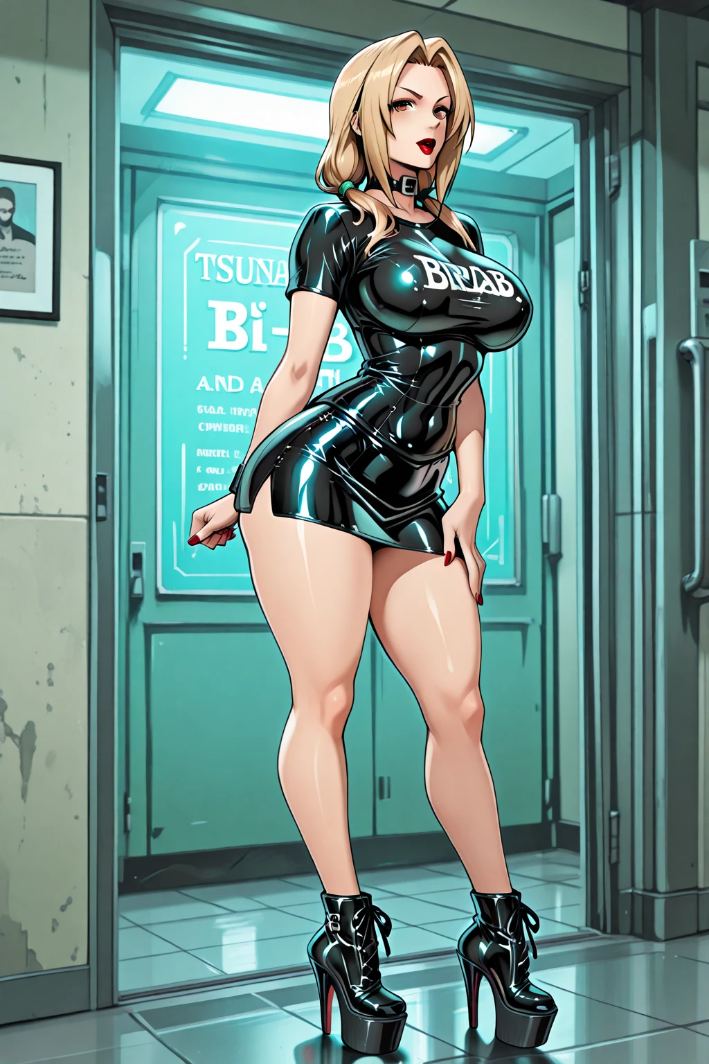 Main: Kitami Reika, mature female, 40 yo, blonde hair, short hair, lipstick, makeup, black eyeshadow, smokey eyes, blue eyes, jewelry, cross earrings Clothes: black corset mini dress, white labcoat, black thighhigns, pump shoes (or highheeled boots). Optional: detailed hair, ultra detailed face, blue eyes, perfect eyes, perfect face, Large Breasts, cleavage, curvy, big ass tricky glance, smirking (masterpiece), best quality, expressive eyes, perfect face, muscular woman, woman with well marked muscles, toned muscles, hyper muscular, massive muscles, massive shoulders, massive biceps, muscles bulging, gigantic muscles, extreme muscular, muscles, big muscles, muscle mommy, muscular female, Bulky, Bodybuilder, HyperMuscle. womb tattoo heart shaped, massive breasts, massive , big , gigantic , slut, whore, corruption, boots, high thighs, nipples, sharp teeth, angry face, mean, big tits, massive tits, fake tits, erect nipples