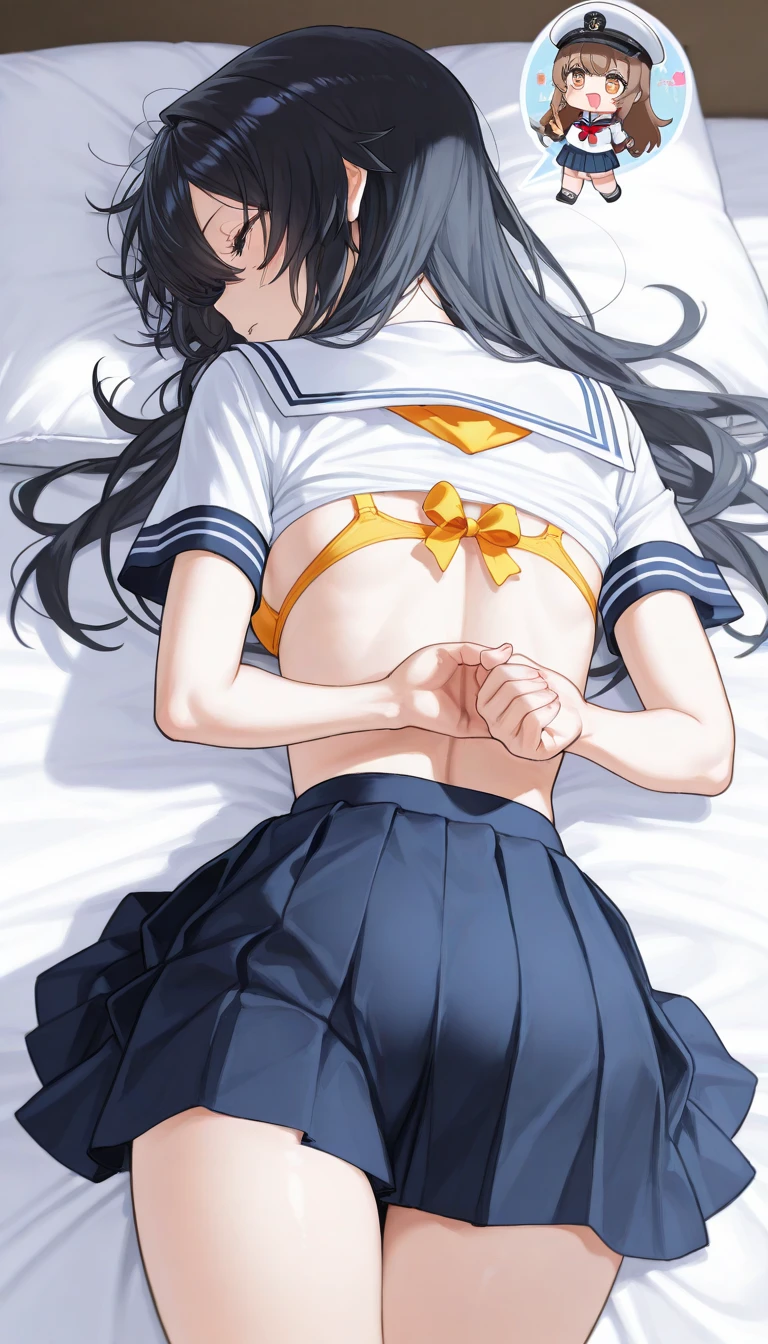 orgasm、NSFW、feeling pleasure、Sweat、white breath、High resolution、beautiful dark blue eyes、1 girl、long hair、(white sailor suit:1.5)、dark blue skirt、Dark blue lingerie、big and full breasts、bed、cute anime illustration、perfect lighting、(A girl trembling at sexual climax:1.5)、(vaginal sex:1.5),(on stomach,from behind:1.5),1 boy,penis,NSFW,perfect anatomy、perfect fingers、perfect arms、perfect legs