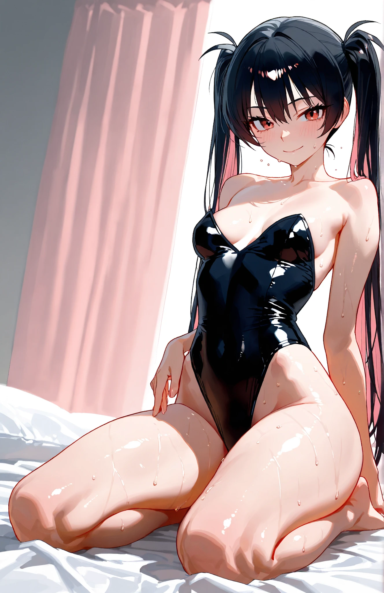 score_9, score_8_up, score_7_up, score_6_up, uncensored, Yukinoshita Yukino, black hair, long hair, blue eyes, naughty face, shiny skin, sweating, BREAK (masterpiece:1.2), best quality, high resolution, unity 8k wallpaper, (illustration:0.8), (detailed eyes:1.3), perfect lighting, extremely detailed CG, (perfect hands, perfect anatomy), hearts, pleasured, (small breasts:1.3), black dress, a woman sitting on top of a bed next to a window, by Shitao, oiled - skin, at the beach,