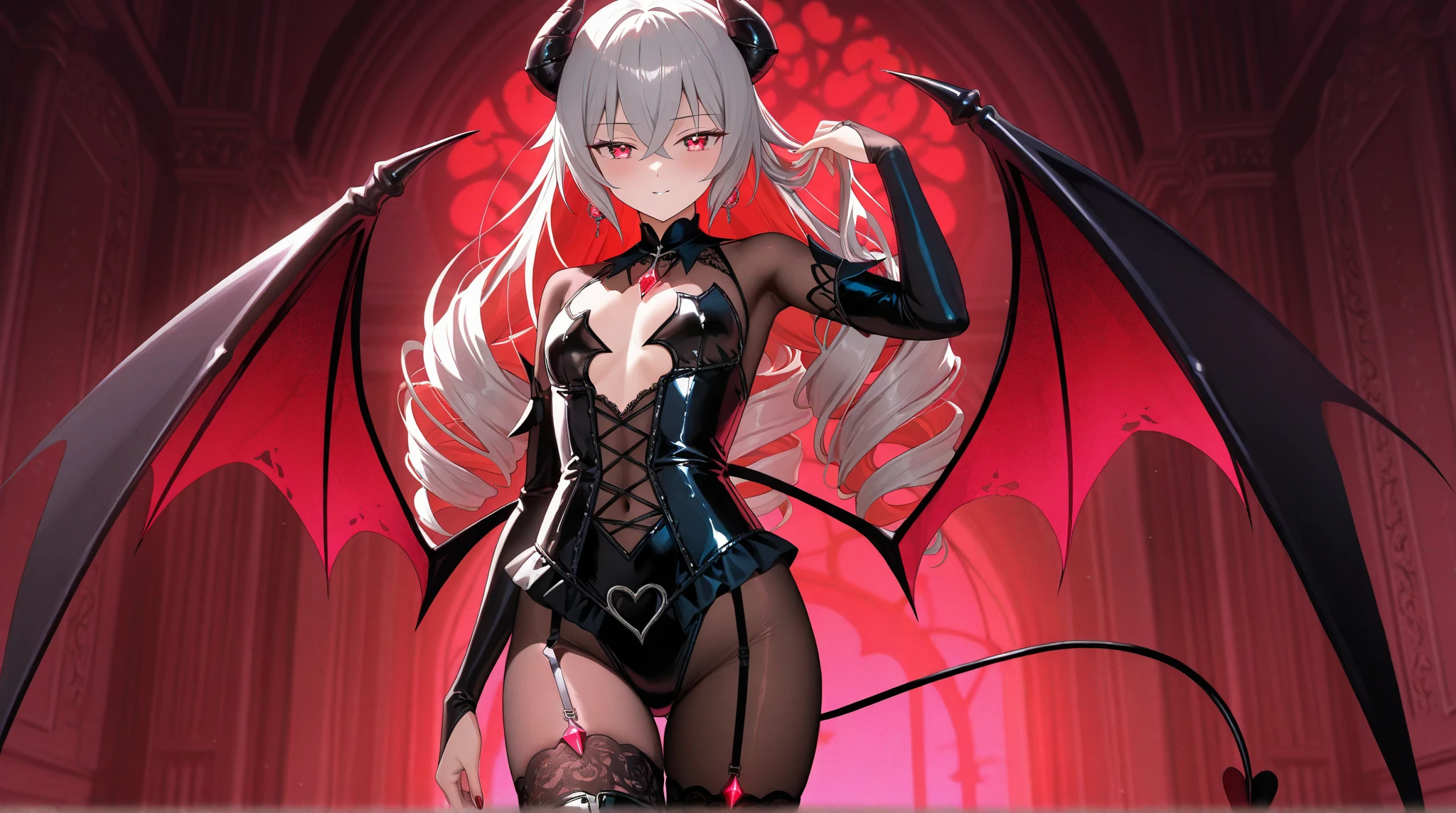 1girl, (female:1.2), mature, aged up, solo, red eyes, white hair, big breasts, glowing eyes, pointy ears, hair ornament, evil, seductive, attractive, smile, open mouth, tongue sticking out, wicked face, insidious, lace trim, (demon wings:1.2), demon horns, demon tail, tail wagging, tail ornament, spiked collar, ass visible through thighs, garter straps, lace-trimmed garter belt, girl on top, looking at the viewer, glowing runes red, demonictech