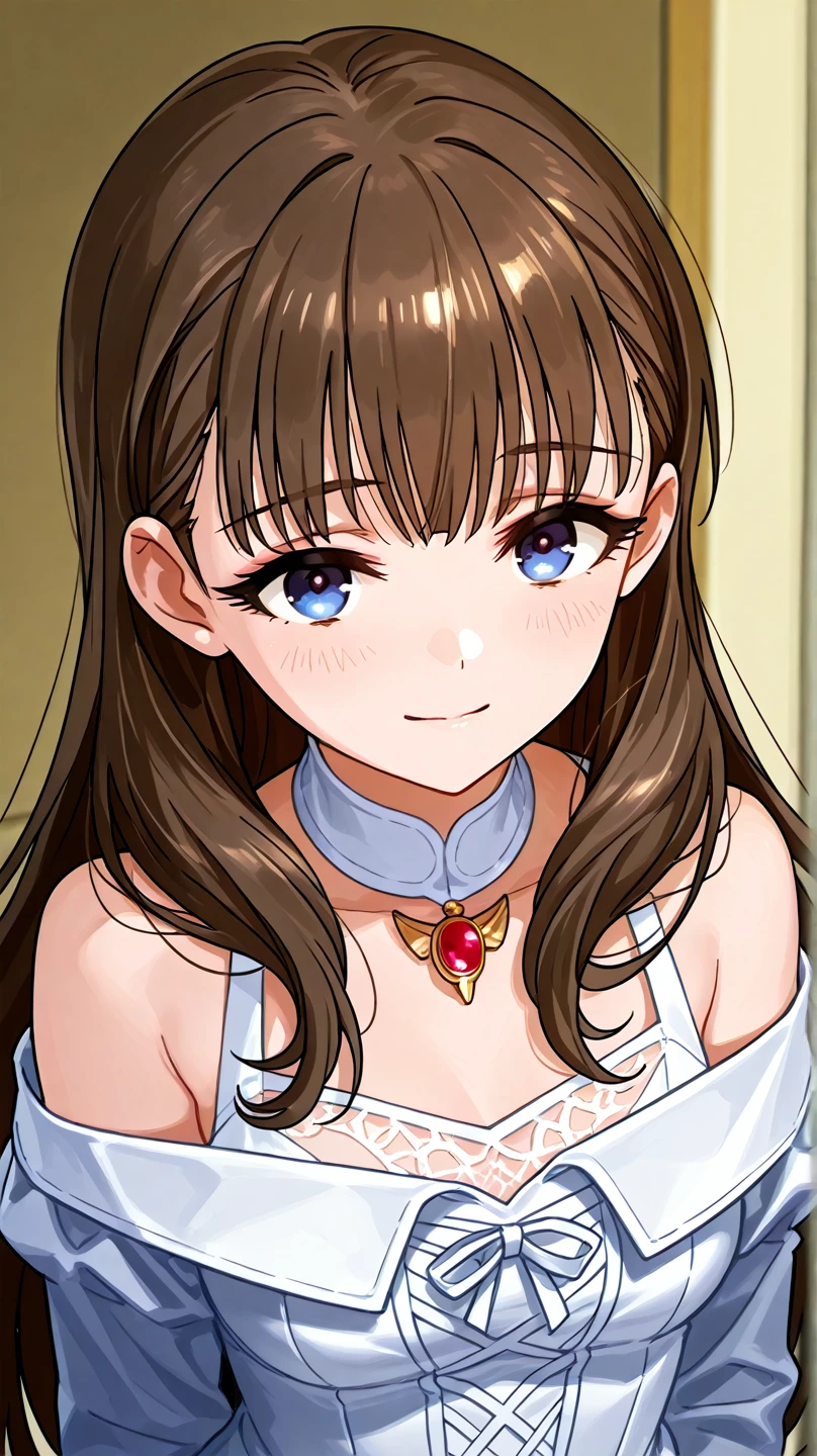 1lady, solo, mature female, long brown hair, parted bangs, brown eyeasterpiece, best quality:1.2) delicate illustration, ultra-detailed, kind smile, blush, (huge breasts), cleavage, upper body, necklace, ((elegant dress)), bare arms, castle behind, sunny day