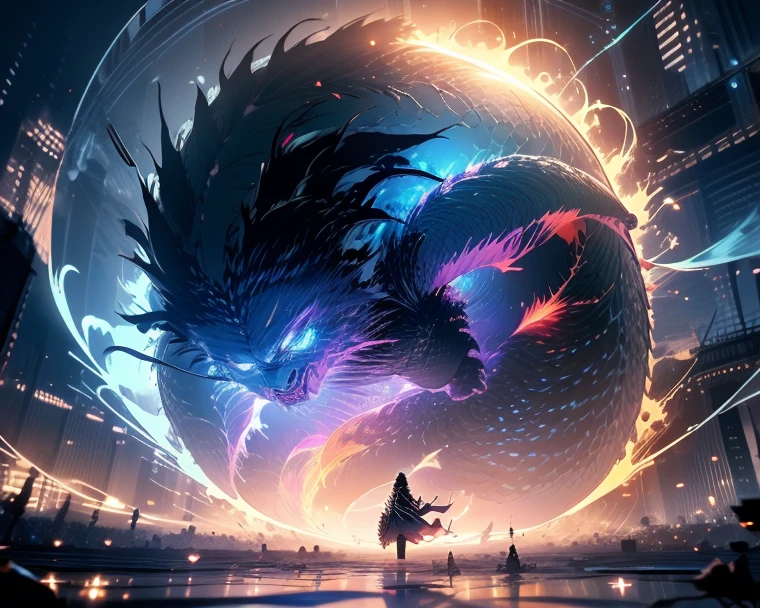 A powerful dragon, Constructed from vibrant LED lights, Emerging from a portal in a sci-fi landscape, Radiant beams, futuristic design, dynamic energy, Digital art, fantasy, sci-fi, and vivid