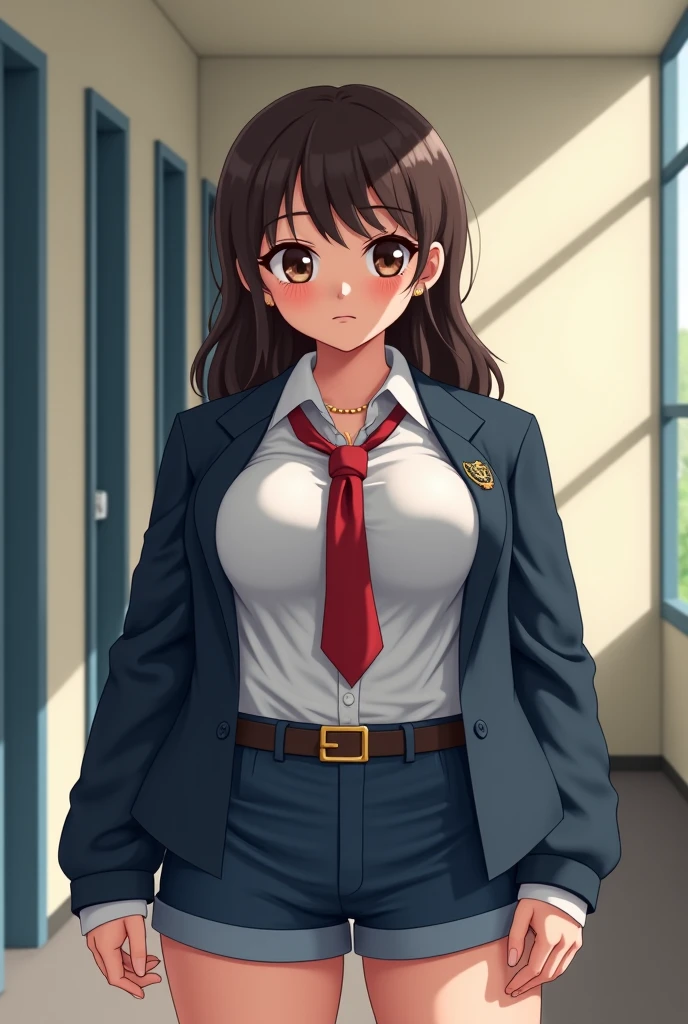 kaneda_maiko, brown hair, large breasts, glasses, school uniform, undressing, partially unbuttoned, unbuttoned shirt, nipples, locker room, <lora:kaneda_maiko_v1:0.8>, masterpiece, best quality