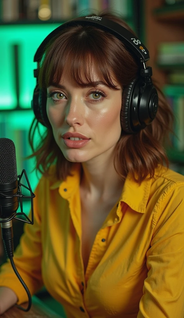 a woman with short, slightly reddish dark hair, white skin with freckles sitting at a podcast table