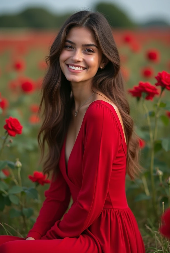 27 year old  beautiful girl with wavy brown hair, dressed as a teacher in a field of red roses with a beautiful landscape 