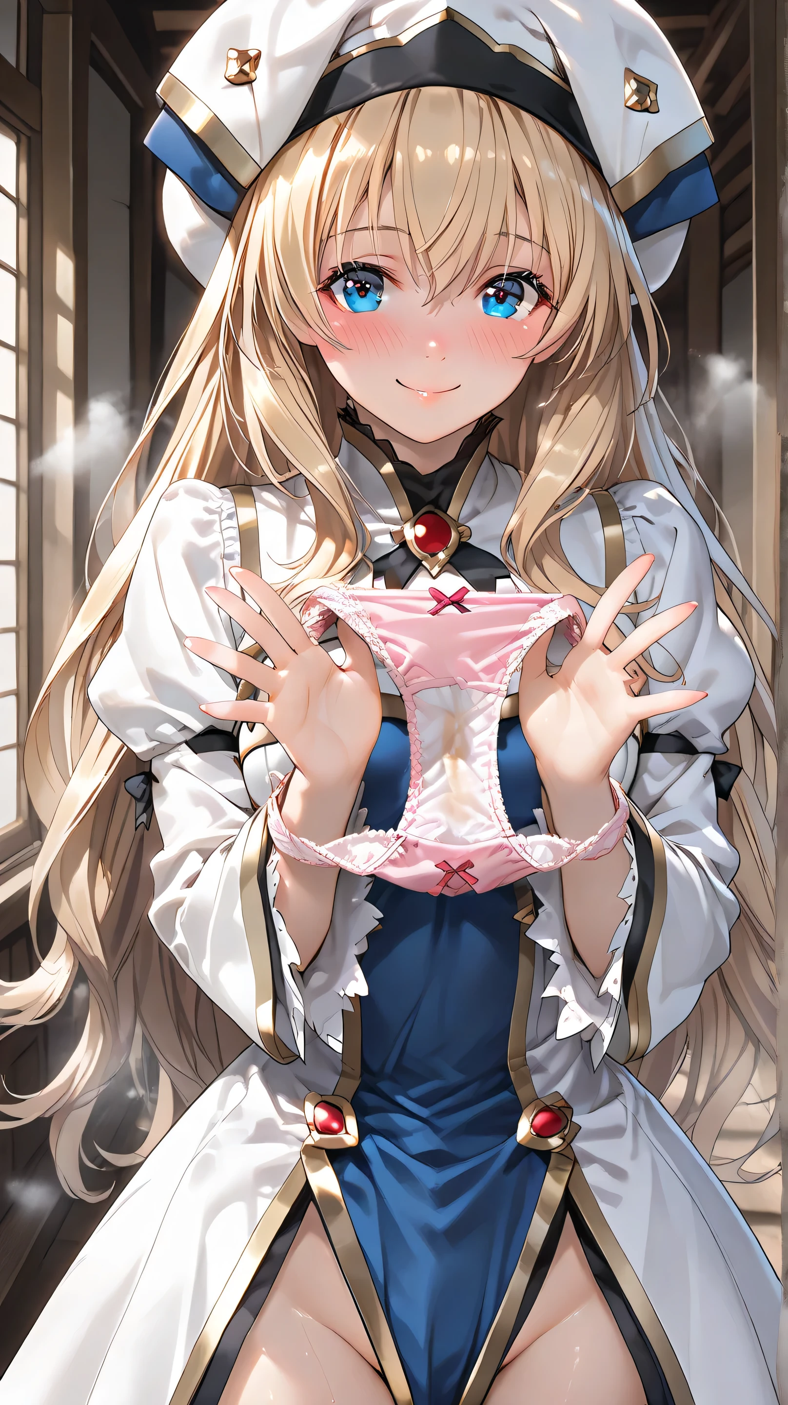 ((Top quality)), ((masterpiece)), (details),
High resolution, super detailed, very detailed CG Unity 8k wallpaper, real, photorealistic,
Beautiful fine face, detailed face.
Pale skin, realistic shining skin.
Detailed fabric texture, detailed hair texture.
(Eyes with attention to beautiful details: 1.5),
(Small hand), ((perfect hand)).
Slim legs, detailed legs.
((Perfect Anatomy)).
Perfect lighting.
Break,
A girl,age:14, shrine maiden, goblin slayer, (long hair, golden hair:1.3), blue eyes,
((short stature:1.3)), (slender:1.2), (chest:1.3), (butt:1.2), (pubic hair:1.1),
break,
long sleeves, loose sleeves, white hat,
break,
upper body, close eyes, turn your face to the right, panties focus,
(Big smile:1.4), (blushing:1.3),
(holding pantie, unworn panties), ((crotch of panties is wet:1.3)), (steaming panties:1.3),