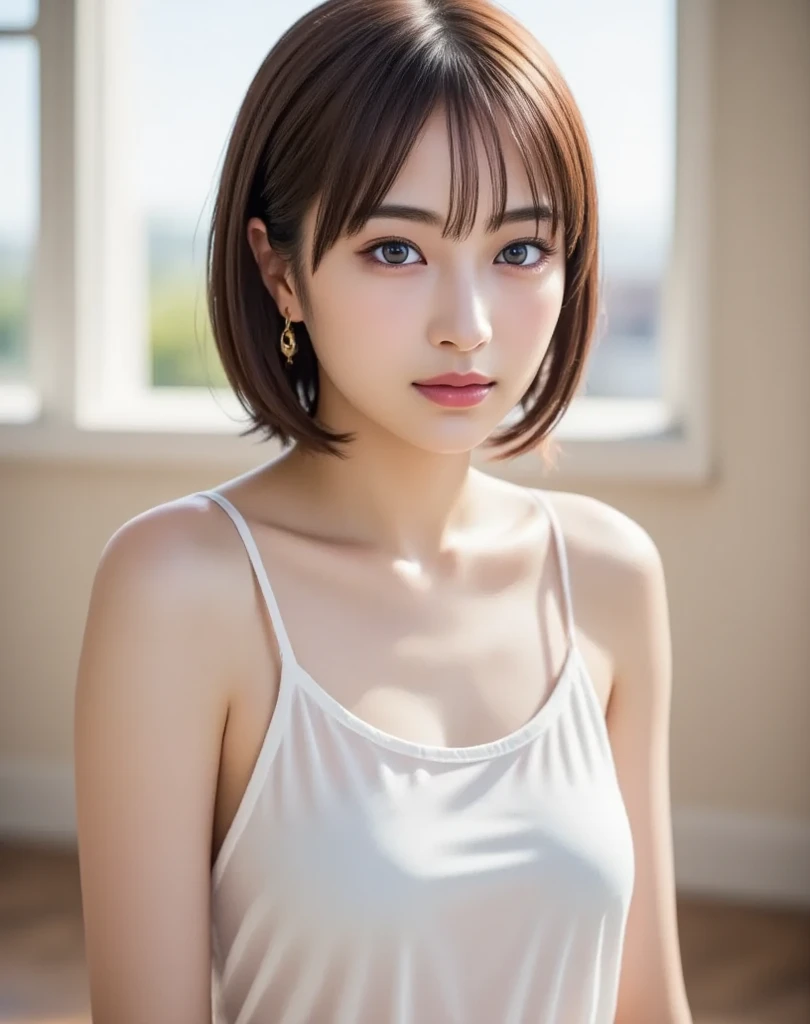 masterpiece, Highest quality, Very detailed, 8k, Realistic, One Girl, alone, Tomboy, Very detailed face, (head shot:1.5), Upper Body, silver pixie cut hair, She is wearing a short tank top and an open zippered hoodie., I can see her cleavage,Emphasise that you're not wearing a bra、Reaching into the pocket of a hoodie