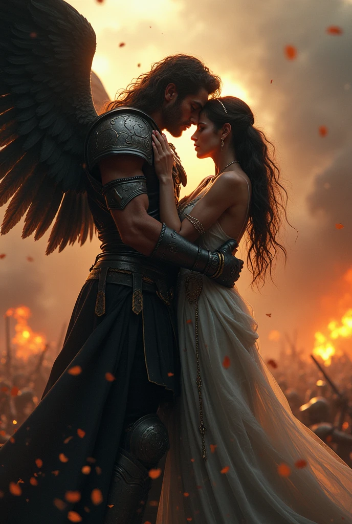 (Best Quality, 4K), Epic Angel-Man, One strong and muscular man with wings, Soft feathers glowing in the golden sunlight, Protective arm around a beautiful young woman, Her eyes locked with his in deep admiration, scene set in idyllic meadow, Wings spread wide in a loving embrace, Golden and intricately textured feathers, Realistic, Detailed description of facial features and muscles, Ultra detailed - every vein and muscle fiber visible, Breathtakingly beautiful landscape with rainbow in the background.
