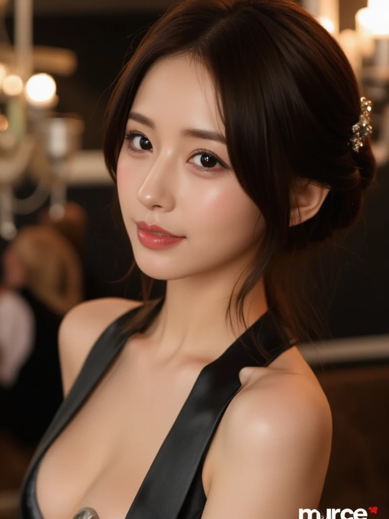 Kasumi, brown eyes, (best quality, ultra-detailed), (realistic:1.37), beautiful and detailed face, ultra-realistic texture, delicate face, delicate body, strong red lipstick, bright colors. High definition, 8K. expression with a slight sweet smile