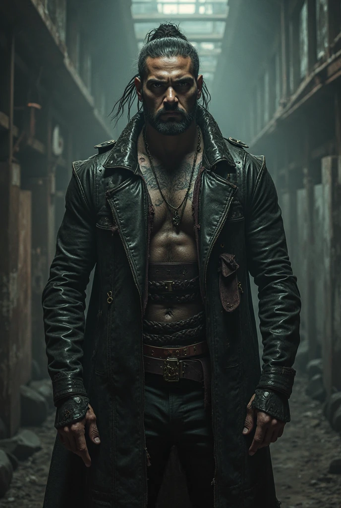 man, bearded, long black hair, leather jacket, doesn't take very good care of his physique, army, knows how to fight, handsome, scar and tatoo