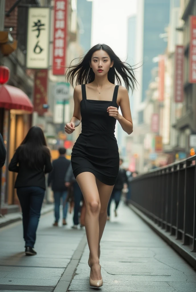 A seductive image of a young woman on a busy summer street. A costume that reflects her bewitching and gentle personality. Cool clothing colors and a big sports car in the back add an element of speed and movement. The background is blurred, emphasizing the beauty of the young woman. Wide aperture, standard lens, fast shutter speed, (((perfect anatomy of the sexy lady.)))