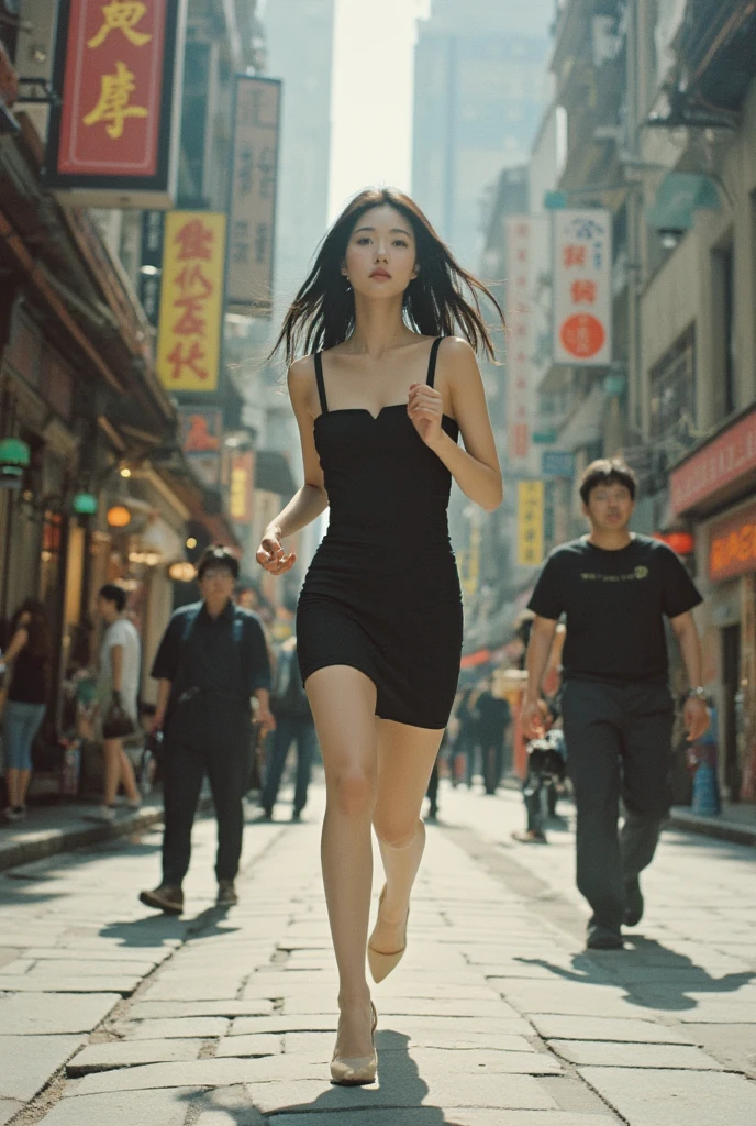 (masterpiece, best quality:1.2, 8k RAW photo, 1girl, solo), riding a fierce running lion, on a crowded streer, people are running