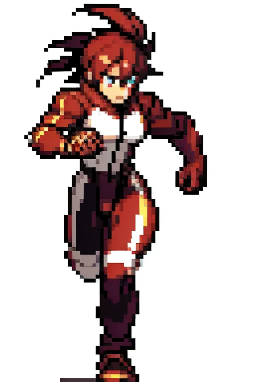 full body standing good face, nice ass, red spiky hair, beautiful woman, wide hips, cleavage, jumpsuit, leotard, heavy boots, apocalypse, muscular, thights, Mature woman, Abs, looks at the viewer, lustful smirking smile face red blush