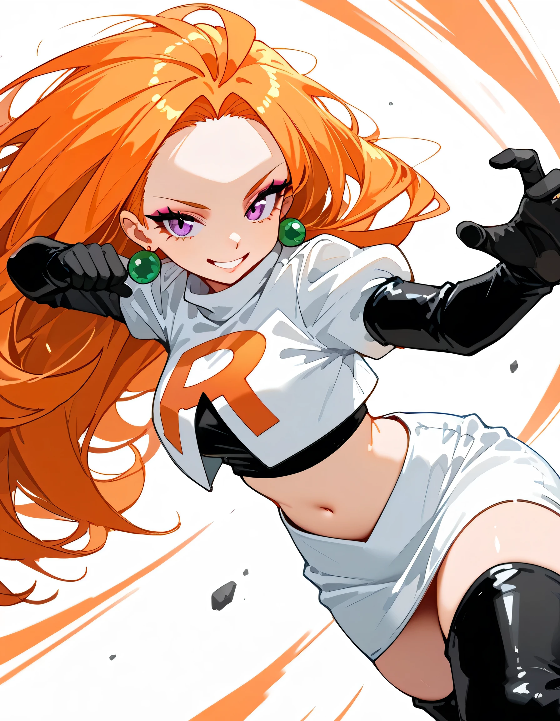sideview,(dynamic angle,dynamic dramatic fighting pose),solo,(black++ shoulder length hair,pastel orange innner color hair),forehead,eyeliner,eyelash,natural cosmetic,adult female face,full lips,team rocket uniform, white jacket, white skirt, black thigh boots, midriff, black elbow gloves,smile grin,earrings,soft lineart,white background,memorial shot,(looking at viewer:1.3),