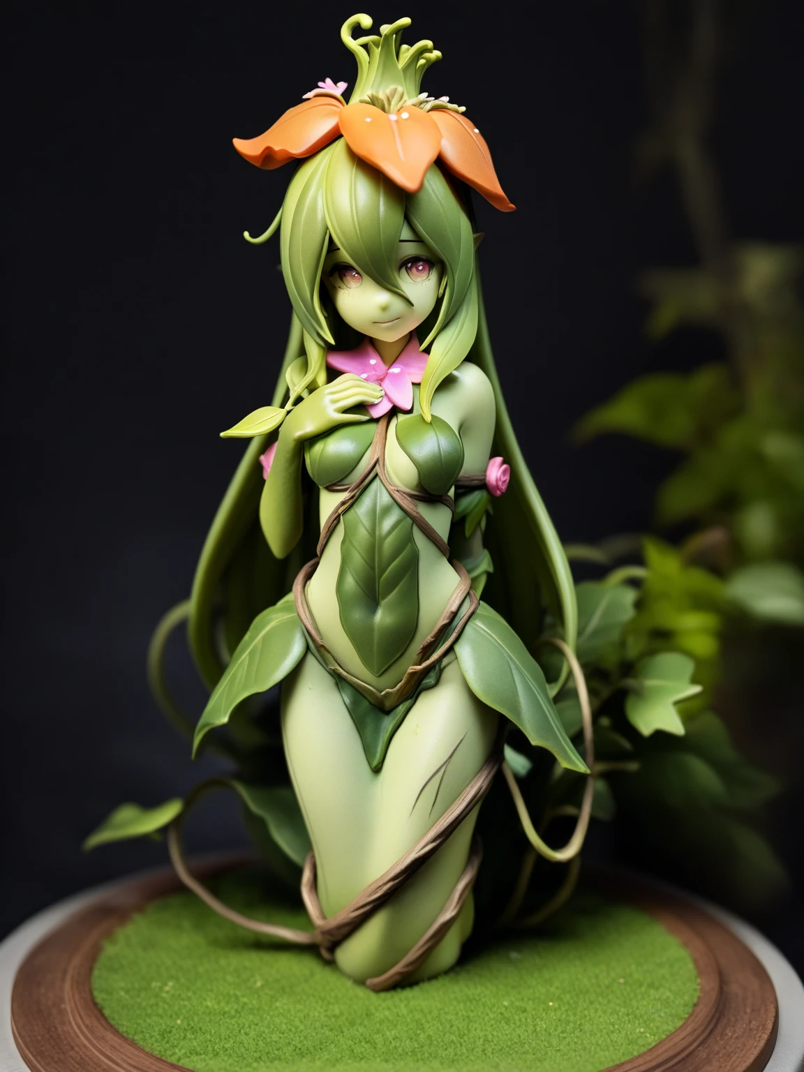 extremely detailed, best quality, highres, masterpiece, 1 girl, twintails ,green hair, green eyes, yellow eyes, standing, pale skin, no clothes, naked, small breasts, small pussy, small nipples, jungle background,