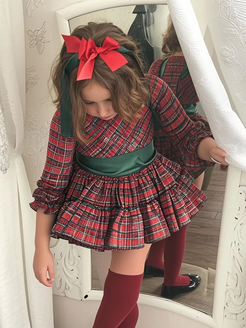Full body view of an 8 year old Russian girl with brown hair green eyes and a cute outfit