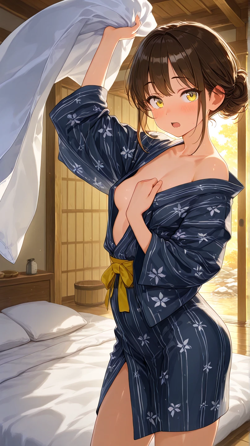 wide shot, cowboy shot, stright-on, face focus, (masterpiece),(top quality),(details),(best illustration),(unbelievably ridiculous:1.5), (Textures), (detailsな背景),(esthetic), (limbs are biologically accurate), solo, mature female, brown hair, short bob cut, center-top single hair bun, yellow-green eyes, small breasts, onsen yukata, embarrassed, blush, open mouth, standing, indoor, onsen, ryokan, washitsu, bedroom, futon, (Pillow Fight)
