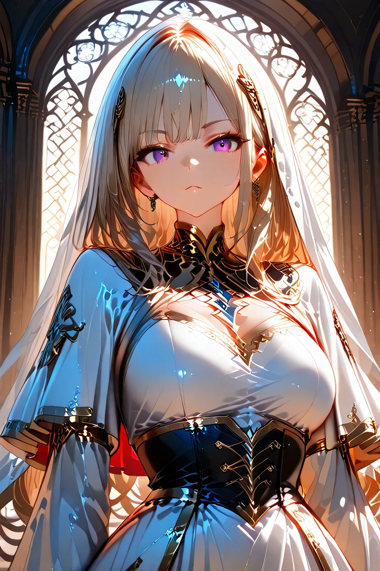 (( (masterpiece)，（Very detailedな CG Unity 8k 壁紙），(Half-length photo:1.5), best quality，Cinema Lighting，Reality, Detailed background，Pretty and beautiful eyes，Bright Eyes，（Very elegant and beautiful），（Beautifully detailed eye depiction），Very detailed，masterpiece，high resolution)), Richly decorated armor, Beautiful female warrior, Long hair, Platinum blonde hair, cleveage、