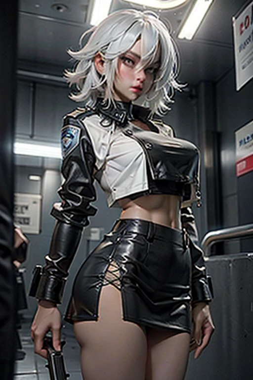 Nurse Cap、zippers、Standing and posing、Latex Super Mini Skirt、Latex High Heels、、Staggered black-rimmed glasses、(FULL BODYSHOT)、Glossy skin、,(20yr old）、sexy facial expression、skinny body shape、large boob、Japan Idol Hairstyles、(magazine:1.3), (cover-style:1.3),White hair