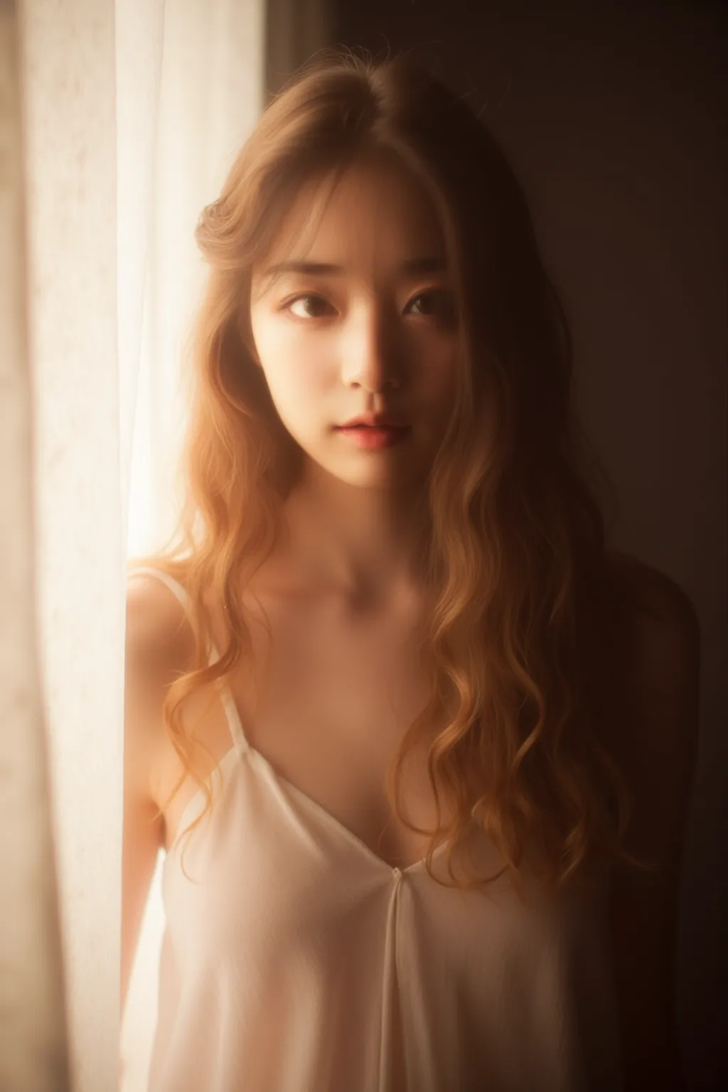 film photography, 1girl, oversize tshirt, white panties, medium breast, early morning, wakeup, full body, drunk blush, wavy shoulder-length hair, serene, calm, (realistic detailed eyes, natural skin texture, realistic face details), soft dramatic lighting, depth of field, bokeh, vibrant details, finely detailed, hyperrealistic