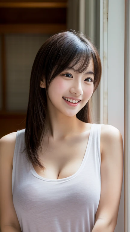 masterpiece,best quality,(Japanese ),((Beautiful girl)),cleavage,indoor,(perfect body beauty:1.2),(shy smile),beautiful teeth,