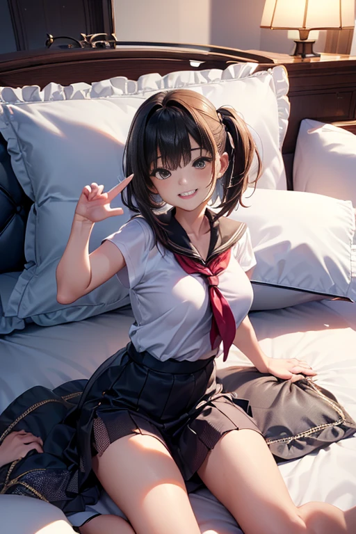 masterpiece, Highest quality, High resolution, ponytail、Anime art style, Game CG, Backtrack Rich, Rich 1, 1 girl, alone, Long Hair, bangs, Black Hair, Red eyes, bow, ribbon,Small underwear, Hair between the eyes, jewelry, hair bow, hair band, Trojan horse, rubbing the crotch、Panties half way down,((Highest quality)), ((masterpiece)), (detailed), Perfect Face, ((16yo teen girl)),(Reverse vulva)、(Vaginal Ectropion)、Pussy in full view、
