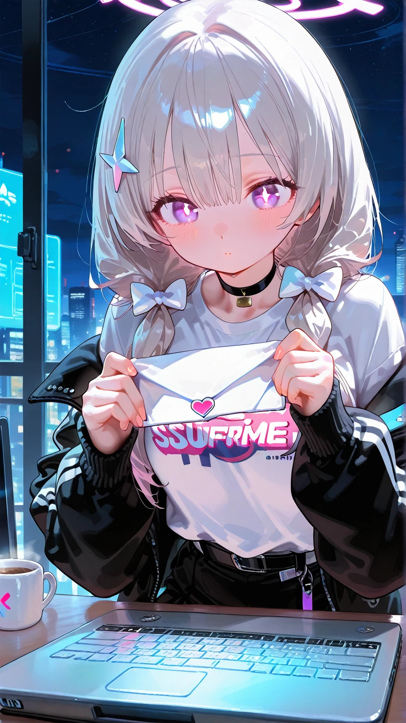 I have white pink hair, cat ears, a bun, my face is super blushing, black glasses, pink heart eyes, a big pink sweatshirt, a black skirt, black stockings, white shoes, a cat&#39;s tail, a girl. very shy that they are grabbing her breasts 