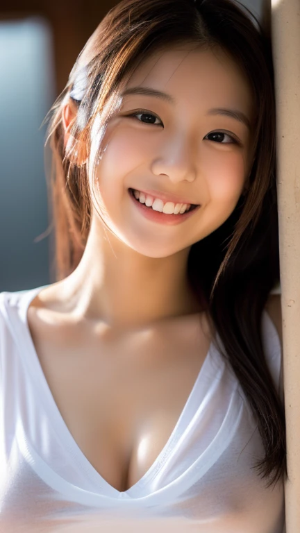 masterpiece,best quality,(Japanese ),((Beautiful girl)),cleavage,indoor,(perfect body beauty:1.2),(shy smile),beautiful teeth,