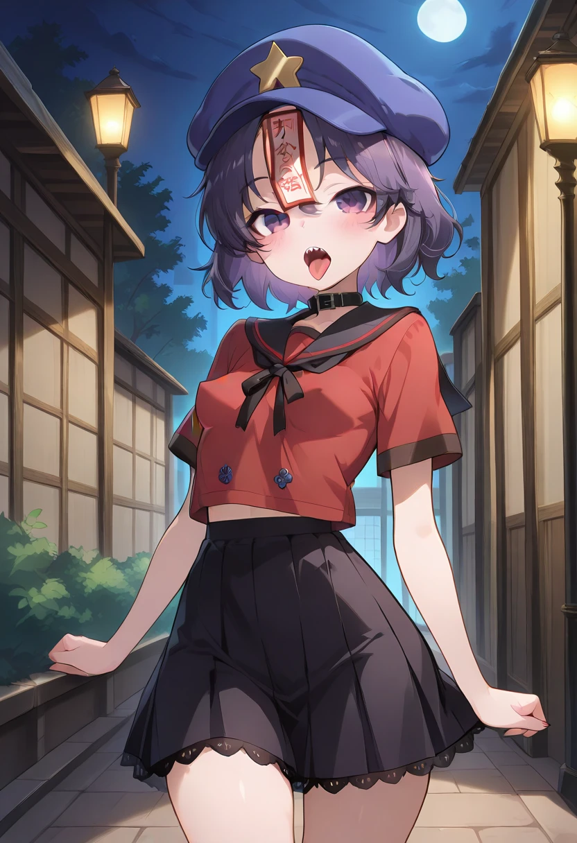 cute, schoolgirl, (solo), (1girl), (Alone), yoshika miyako, Orient, zombie, RED SHIRT, purple cabbie hat , Forehead bill, black collar, lace trim, black skirt, ((small breasts)), ((Perky breasts)), (skinny body), (tight waist), (skinny body), wide hips, thighs, purple hair, PURPLE EYES, My skin is white, stares at viewers, Standing, cuteポーズ, extended arm , Open Mouth, tongue out, (sharp teeth), Blush, (outdoor), (At night), (masterpiece), (top quality), (perfect eyes), (Very High Resolution), (perfect face), (Beautiful Face),