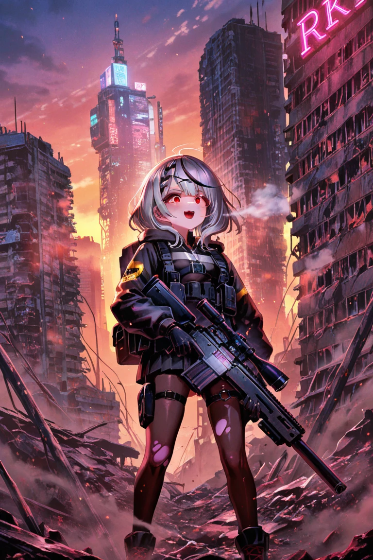 Early morning, city buildings background, sunglasses, red school swimsuit, thick eyebrows, leather backpack, bazooka protruding from the backpack, carrying heavy weapons, (dark skin: 1.3), black gloves, brown skin, movie lighting, small, beautiful light pink hair, rabbit ears, (masterpiece), ((highest quality)), (super detailed), glossy skin, full body anime girl, solo, clean and detailed anime face, High resolution anime eyes, five fingers, textile shading, perfect human structure, perfect ???????,