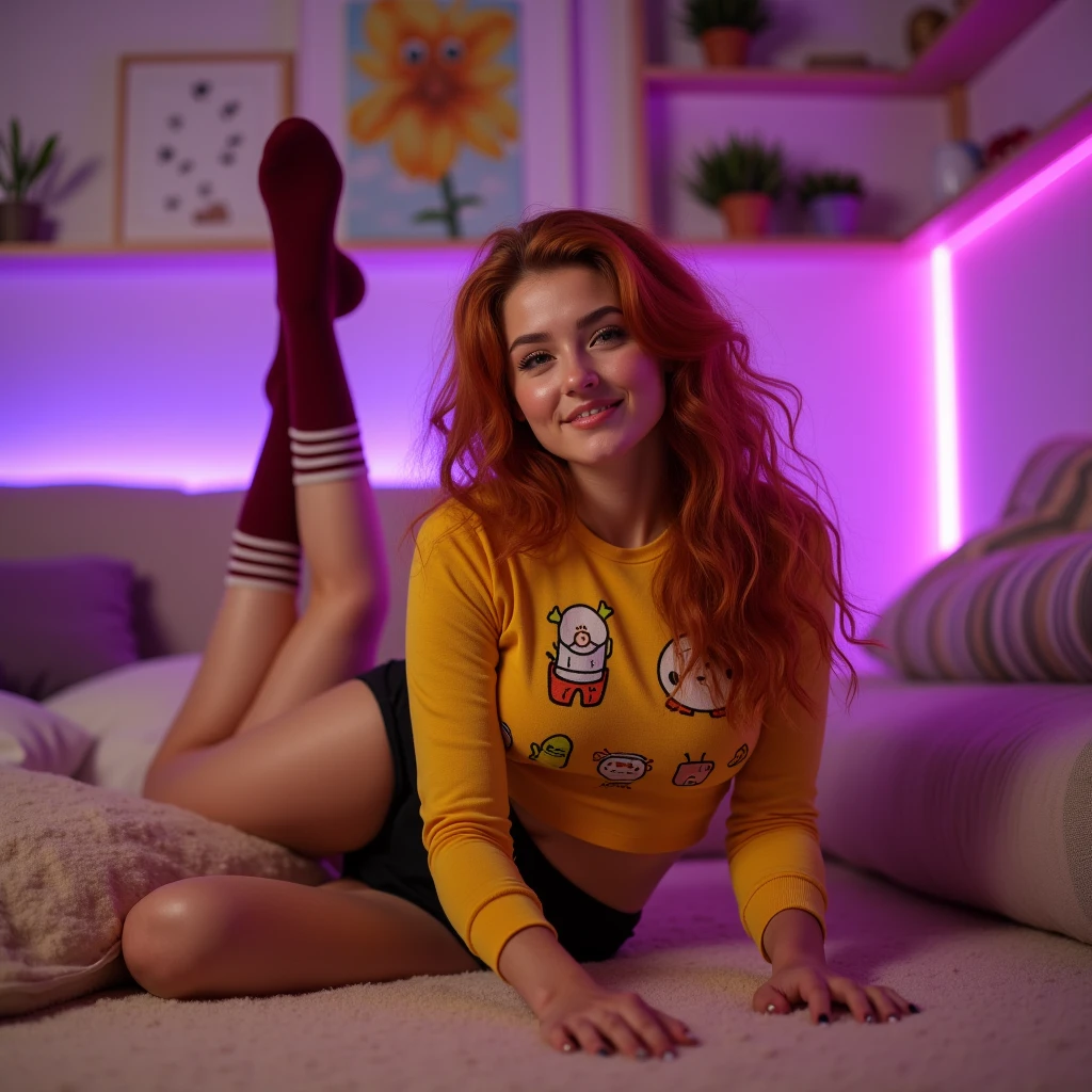 Naked woman with rainbow stockings and legs up on the table in the living room without clothes