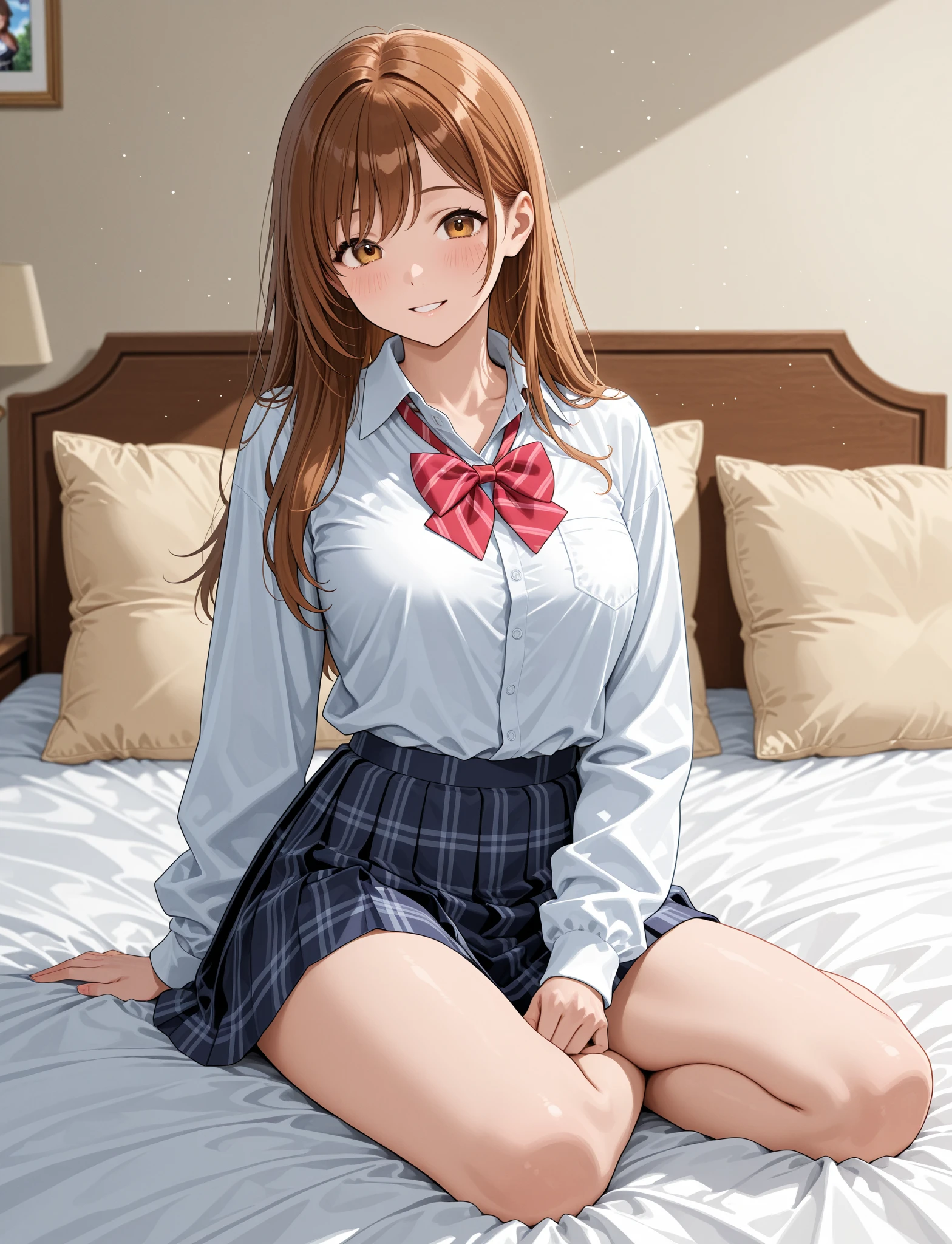 Pomni, ((Masterpiece, Best quality, A high resolution, hyper HD, Perfect pixels, Depth of field, 4K, RTX, hdr))), 1girll, Single, Solo, Beautiful anime girl, Beautiful Art Style, anime figure, ((Long hair, bangs, Brown hair, Curly hair:0.8)), ((Green eyes:1.4, Rounded eyes, Beautiful eyelashes, Realistic eyes)), ((Detailed face, Blushing:1.2)), ((Smooth texture:0.75, Realistic texture:0.65, Photorealistic:1.1, Anime CG style)), Medium breasts, Dynamic Angle, Perfect body, ((angle of view, Sleeping position, Supine position, Lie down in bed, Sighing expression)), ((red bowtie, , White shirt, Brown cardigan, longer sleeves, Black skirt, plaid skirts)), Smile, indoor, Bedroom, Natural light, Sunshine, Pomni