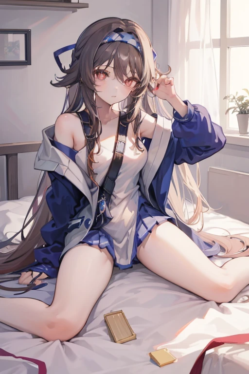 Anime girl, hu tao, laying on her bed, legs raised, half naked, fair skin, looking at the viewer, beautiful long hair, white panties shown, 8k, high resolution, good anatomy