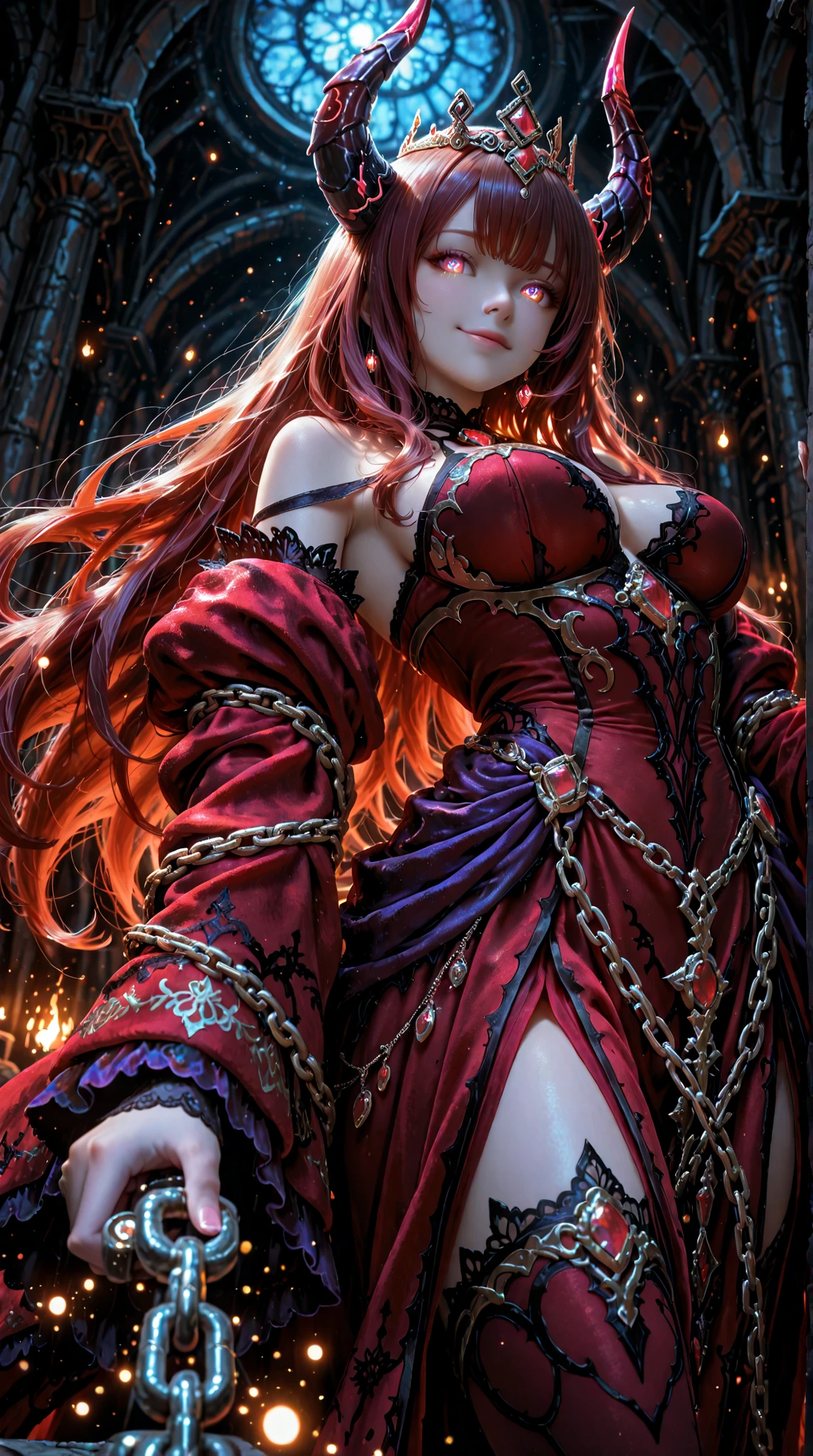 Dynamic perspective angle shot, A digital art image shows a demon duchess, long auburn hair, glowing light multi-colors eyes, stand firm in dark room setting. She has a mischievous grin expression.She is dresse in rosy royalty duchess dress, complete with a jewel queen crown. long narrow horns, and she wields a chain wrapped around her arms. The background features dark room in shades of deep red brown and purple, creating a dark fantasy atmosphere. The lighting is soft and diffused, enhancing the fantasy aesthetic. The composition is balanced, with the women centered in the frame, drawing attention to her unique blend of devil lady appearance. The overall style is reminiscent of digital painting, with smooth textures and vibrant colors.