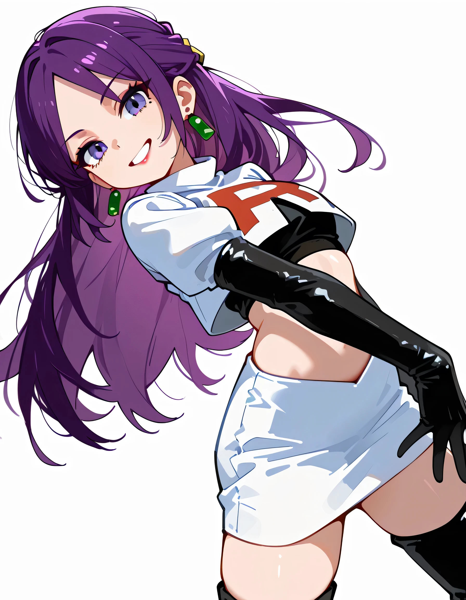 sideview+,(dynamic angle,dynamic dramatic standing pose),solo,(upperbody),(black++ half updo,purple innner color hair),parted bangs,long thin sideburns+,eyeliner,eyelash,natural cosmetic,cute female face,black lipstick,team rocket uniform, white jacket, white skirt, black thigh boots, midriff, black elbow gloves,smile grin,earrings,soft lineart,white background,memorial shot,(looking at viewer:1.3),