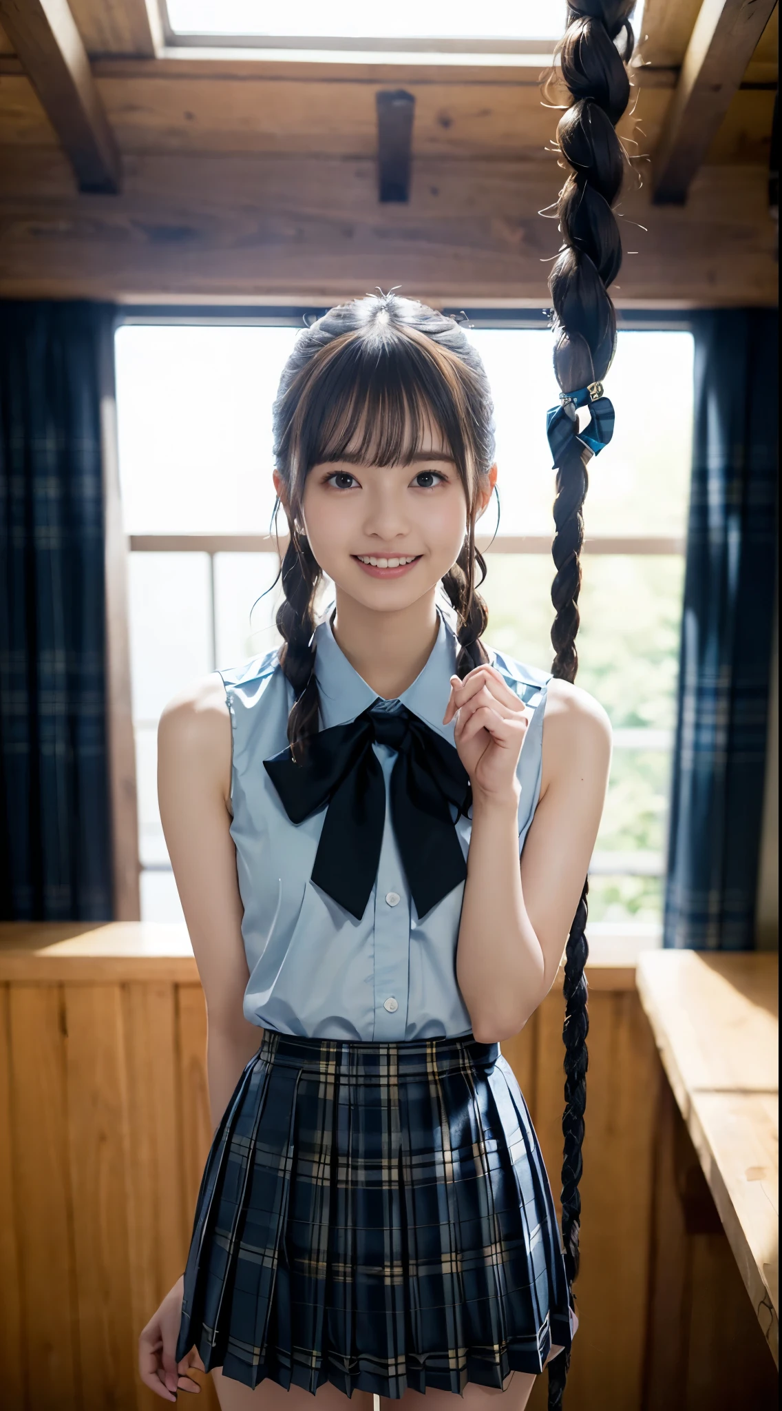 a closeup, masterpiece, top-quality, FULL ANATOMY、Raw foto, Photorealsitic、(Cute little face:1.8)、(Very cute smile:1.7)、(with round face:1.9)、(She looks like an idol and is cute:1.7), A dark-haired、(cute school uniform:1.7), depth of fields, hight resolution, ultra-detailliert, finely detail, ighly detailed, extremely detailed eye and face, Realistic pupils, foco nítido, Cinematic lighting、18-year-old woman、(One lady、Only one person、独奏、without background:1.7)、 (poneyTail、curlyhair:1.4)、Very detailed 8k wallpaper、Show me your whole body、Looking at the camera、(Too short plaid pleated skirt、I can see my panties、Plump panties、Showing her panties to the camera:1.7)、(Pink Fishnet Stockings)、(Brown Long Boots:1.4)、(Nice figure、big breasts thin waist)、(Clothes with emphasized chest bulge、Colossal tits:1.5)、depth of fields、Bokeh in the background